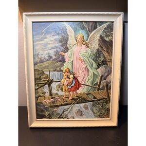 Vintage Guardian Angel and Children on Bridge In White Frame Art Print 8" x 9"